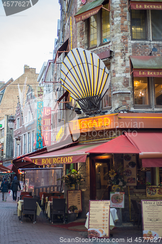 Image of small alley with many restaurants in Brussels, Belgium