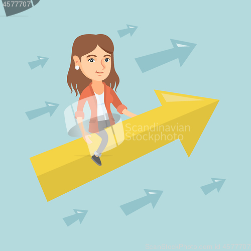 Image of Happy business woman flying on arrow to success.