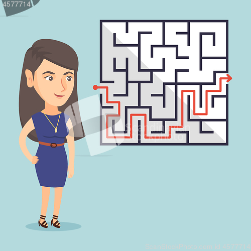 Image of Business woman looking at labyrinth with solution