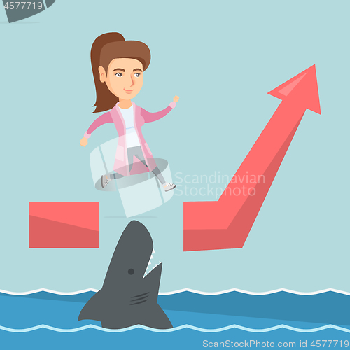 Image of Business woman jumping over ocean with shark.