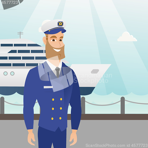 Image of Caucasian ship captain in uniform at the port.