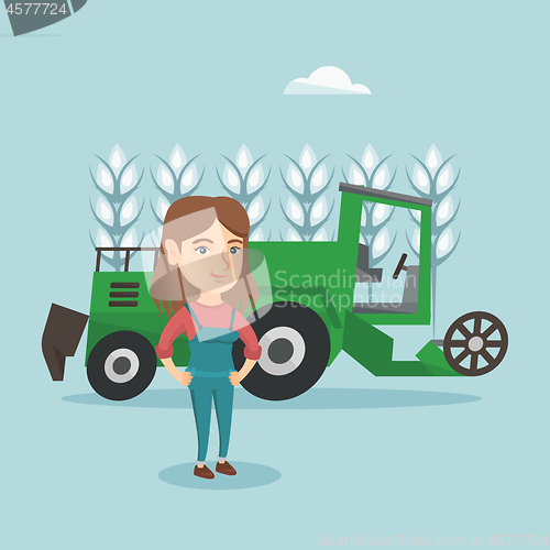 Image of Farmer standing on the background of combine.
