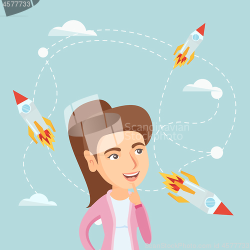 Image of Caucasian business woman looking at flying rockets