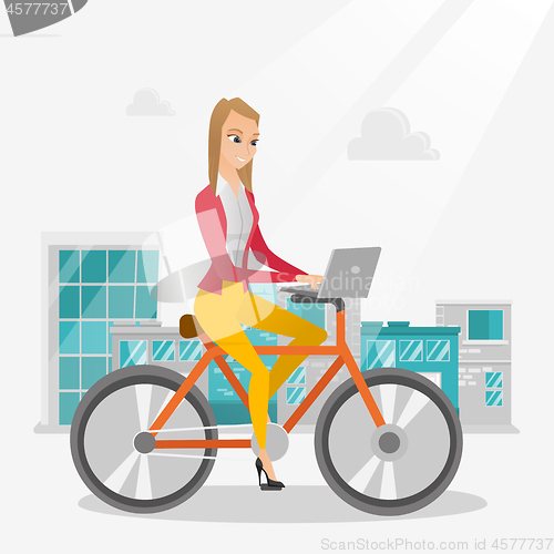 Image of Business woman riding a bicycle with a laptop.