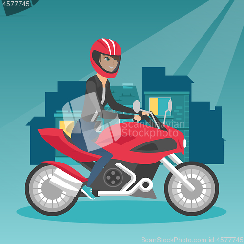 Image of Young caucasian woman riding a motorcycle at night