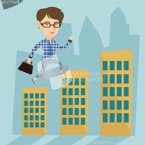 Image of Business woman walking on the roofs of buildings.