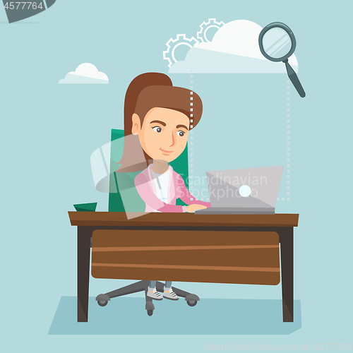 Image of Business woman using cloud computing technologies.