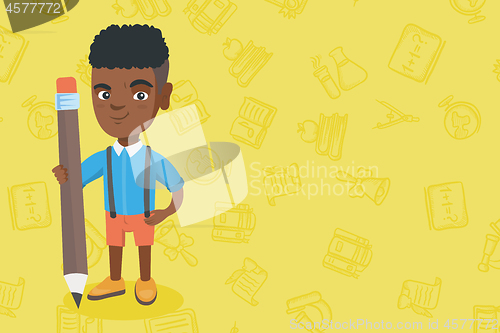 Image of African kid boy standing with a huge pencil.