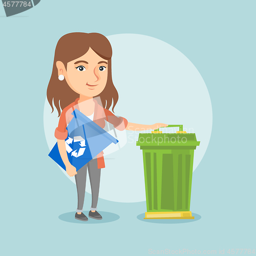 Image of Caucasian woman with recycle bin and trash can.