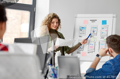 Image of creative woman showing user interface at office