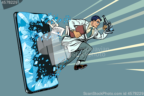 Image of a male scientist with a microscope. Phone gadget smartphone. Online Internet application service program