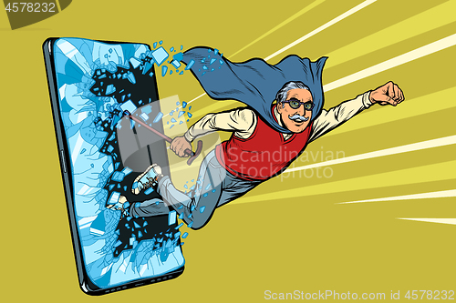 Image of Online service for pensioners concept. Old man punches the screen of the smartphone