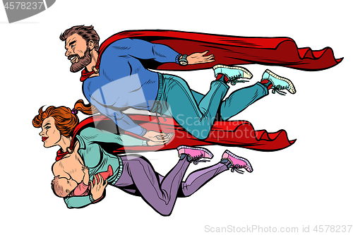 Image of a family of superheroes. dad mom and baby