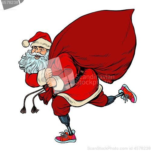 Image of Santa Claus disabled on prostheses delivers gifts for Christmas