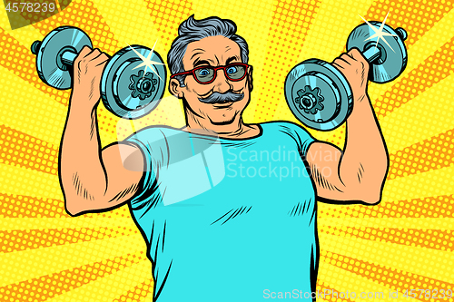 Image of elderly man lifts dumbbells, fitness sport