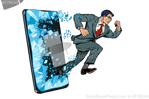 Image of businessman punches the screen Phone gadget smartphone. Online Internet application service program