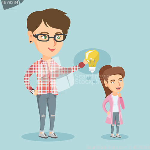 Image of Business woman giving idea bulb to her partner.
