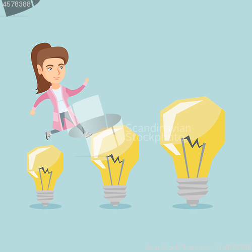 Image of Caucasian business woman jumping on light bulbs.