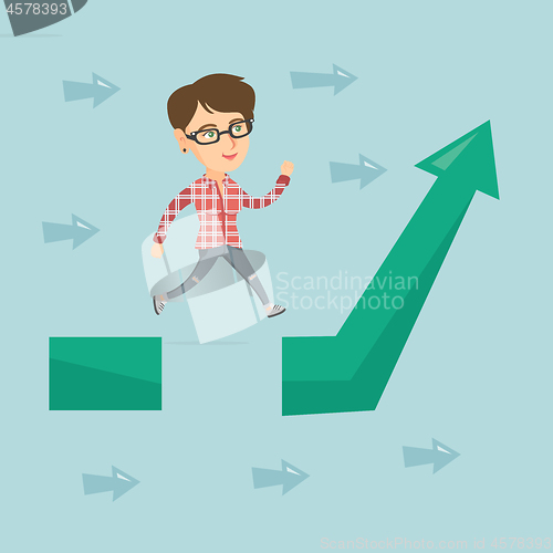 Image of Business woman jumping over gap on arrow going up.