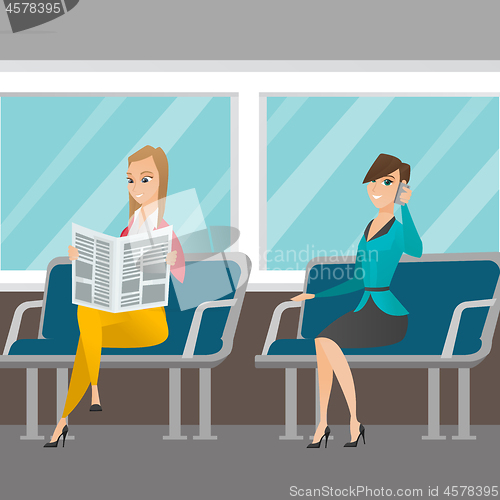 Image of Caucasian women traveling by public transport.