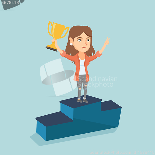Image of Woman standing on a pedestal with business award.