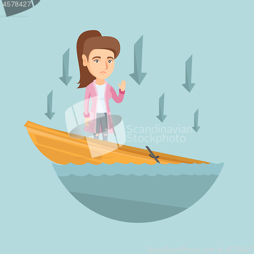 Image of Caucasian business woman standing in sinking boat.