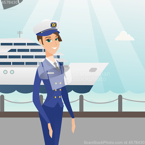 Image of Caucasian ship captain in uniform at the port.