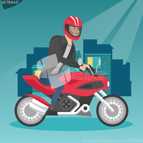 Image of Young caucasian man riding a motorcycle at night.