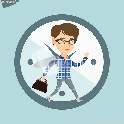 Image of Caucasian employee running on clock background.