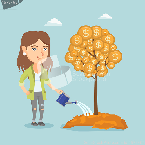 Image of Caucasian businesswoman watering money tree.