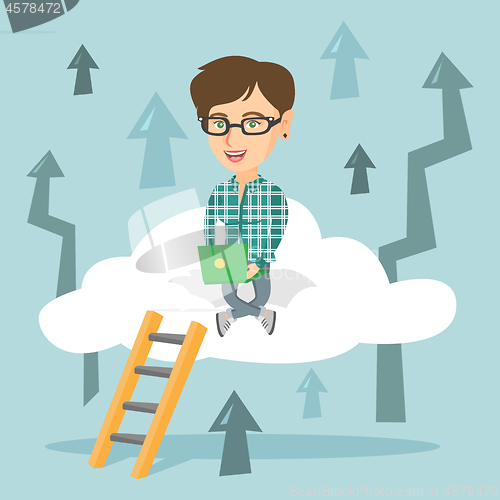 Image of Young business woman sitting on cloud with laptop.