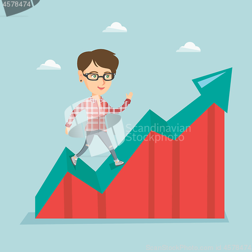 Image of Happy business woman standing on profit chart.