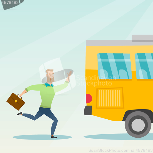 Image of Caucasian latecomer man running for the bus.