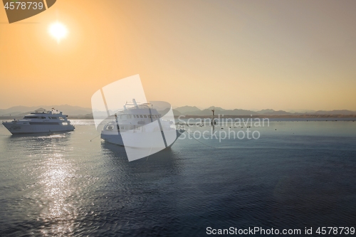 Image of Luxury yacht docking near coral reef