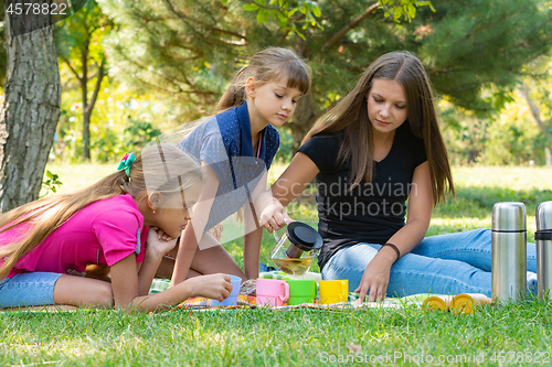 Image of Family on a picnic, girl pours tea in glasses