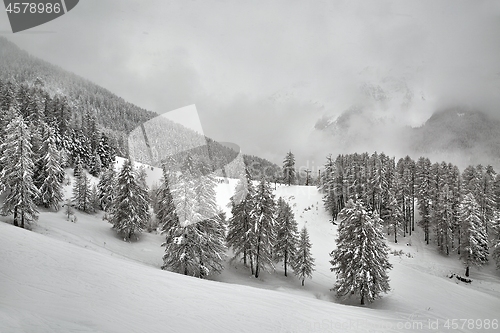 Image of Skiing slopes, snowy Alpine landscape, mist overcas weather