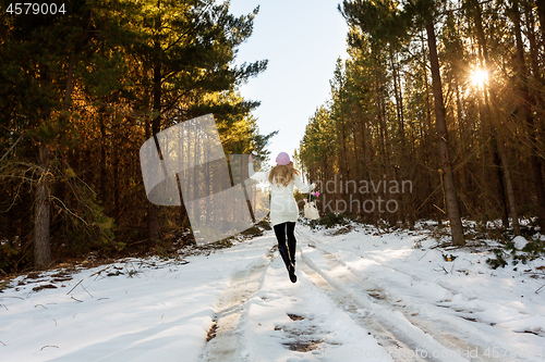 Image of Frolicking in the snow among the forest trees