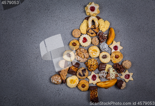 Image of Christmas tree made from different cookies