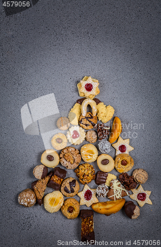 Image of Christmas tree made from different cookies