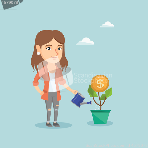 Image of Caucasian business woman watering money flower.