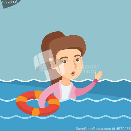 Image of Young business woman sinking and asking for help.