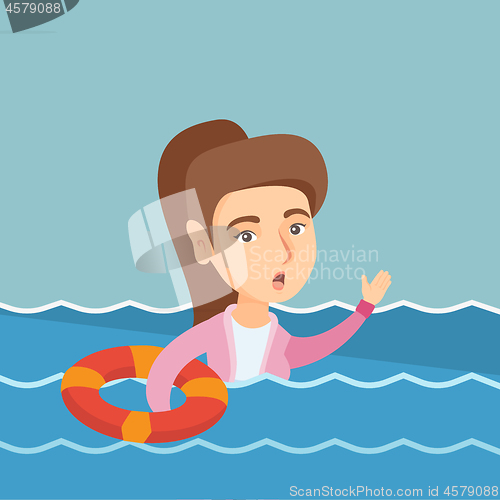 Image of Young business woman sinking and asking for help.