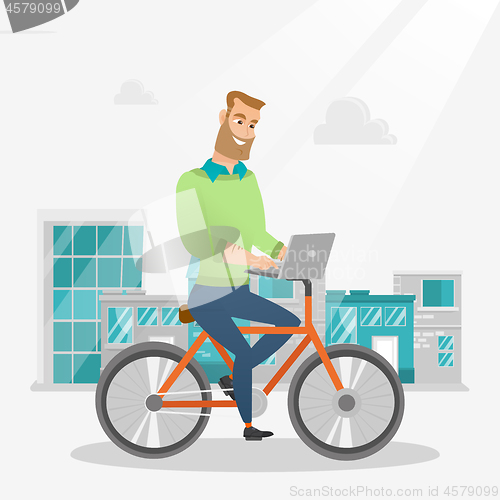 Image of Businessman riding a bicycle with a laptop.