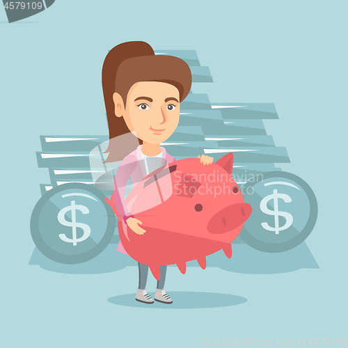 Image of Caucasian business woman holding big piggy bank.