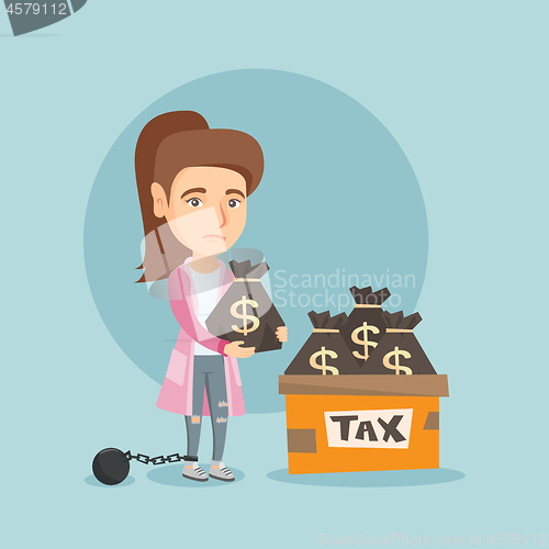 Image of Chained business woman with bags full of taxes.