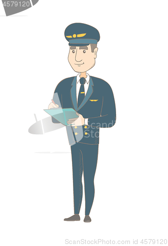 Image of Caucasian steward holding clipboard with documents