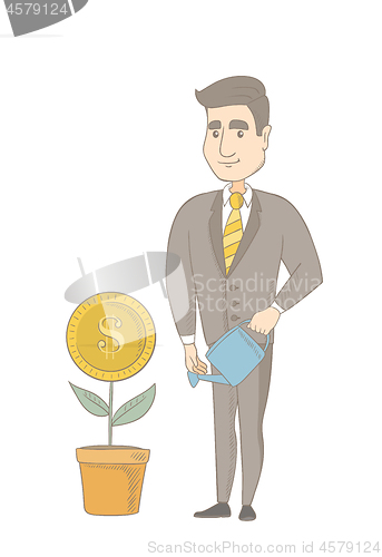 Image of Young caucasian businessman watering money flower.