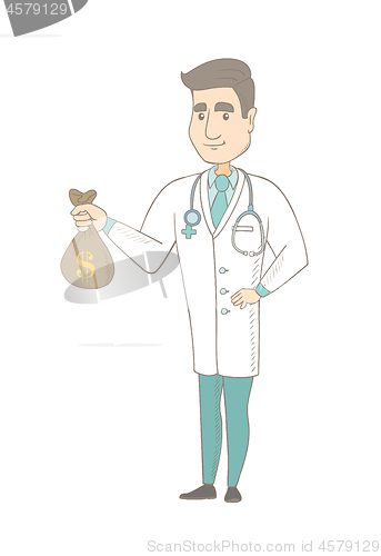 Image of Young caucasian doctor holding a money bag.