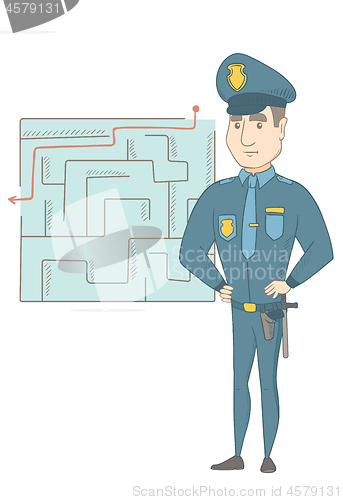 Image of Policeman looking at labyrinth with solution.