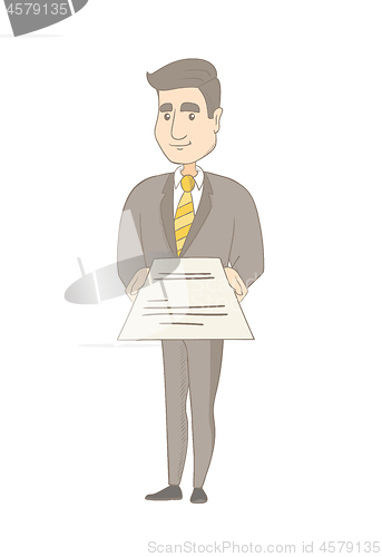 Image of Young caucasian businessman holding a contract.